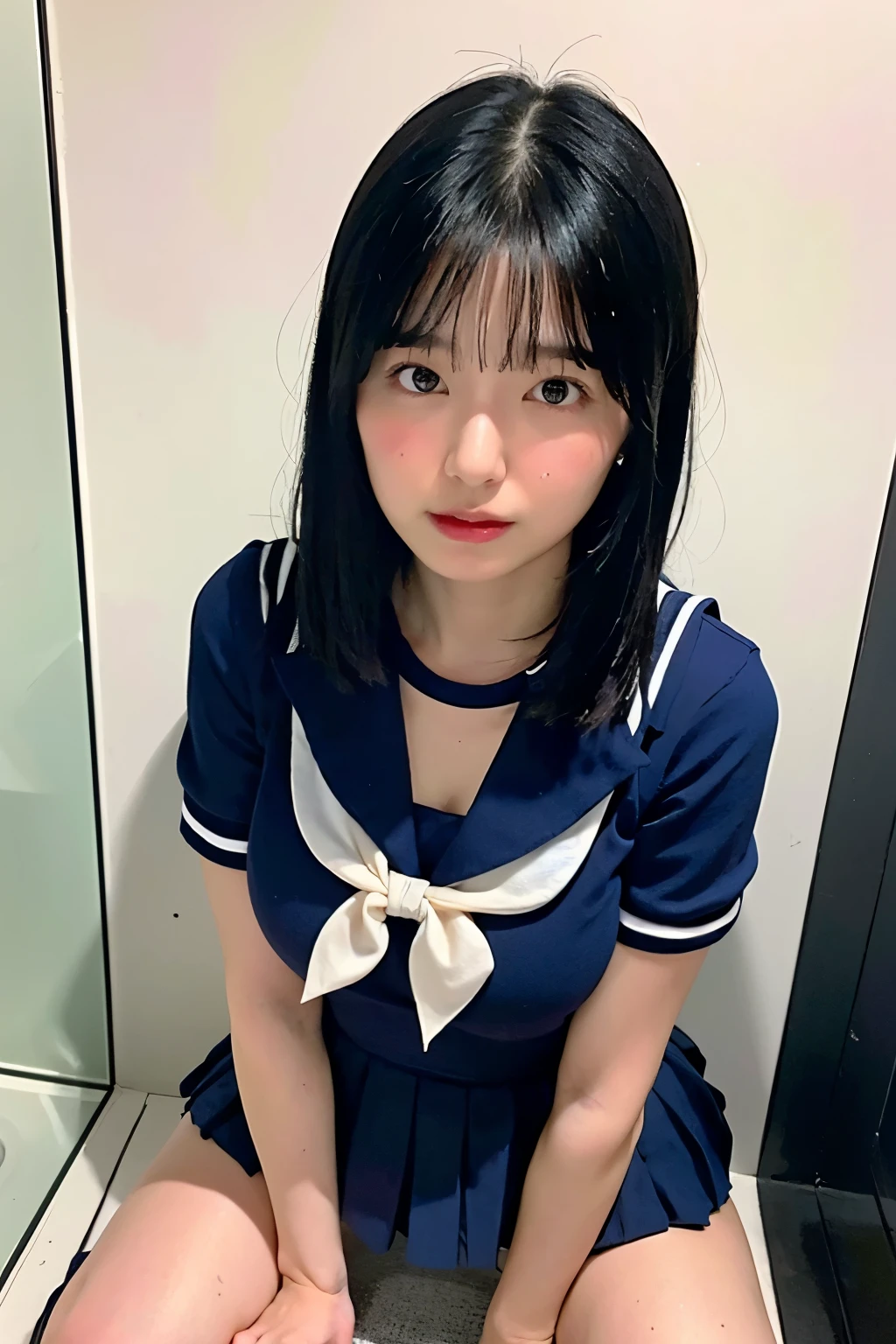 masterpiece, best quality, illustration, Super detailed, fine details, High resolution, 8K,wall paper, perfect dynamic composition,(Details High quality, realistic depiction of eyes:1.3), short hair, (wavy hair:1.2), (Black Sailor Uniform, serafuku, Navy pleated skirt), (nup, wet:1.2), huge breasts, black hair color, Big Natural Color Lip, bold sexy pose, crying a little、cold gaze, Harajuku style、20 year old girl、cute type、ta、beautiful legs, (bathroom), full body photo、focus on crotch, hposing Gravure Idol, kneeling, blush