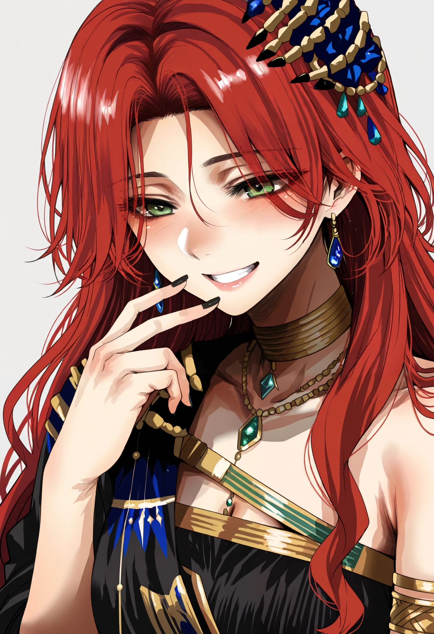 (Hoshi San 3:0.9), 1girl, sophia\(manus vindictae\)\(reverse:1999\), long hair, red hair, black dress, armlet, black nails, blue gemstone jewelry, gold choker, jewelry, green eyes, portrait, smile, grin, grey background, masterpiece, best quality, amazing quality, very aesthetic, high resolution