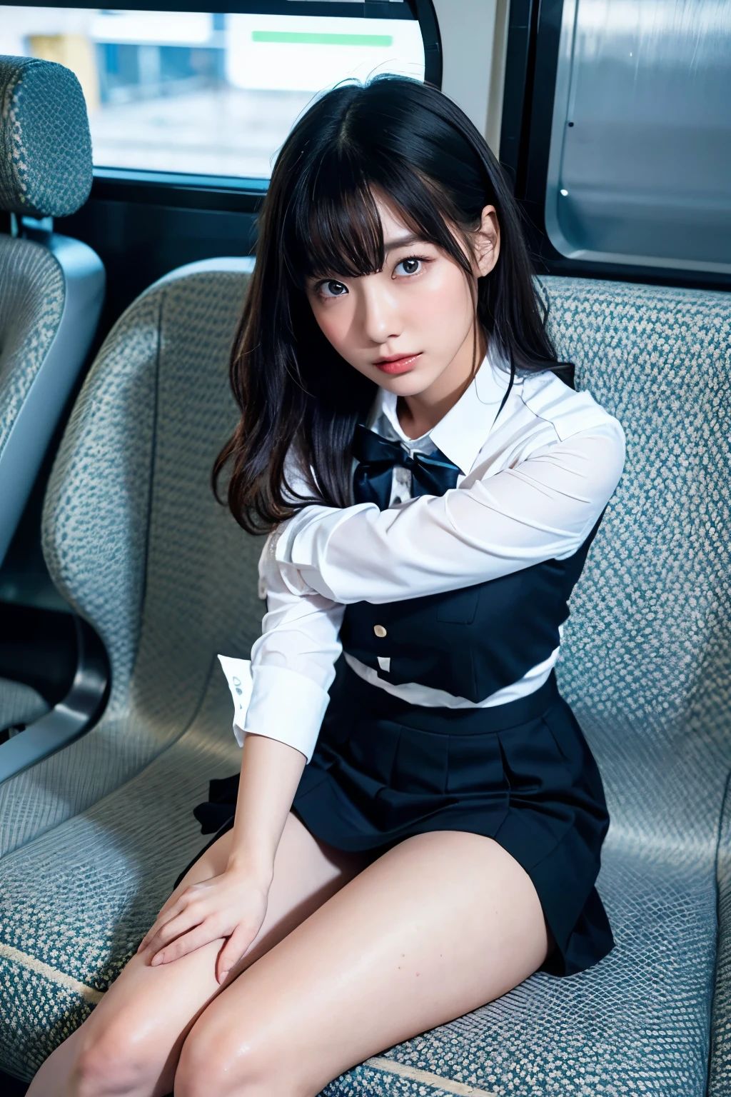 Japanese 1 female,Cosplay Japanese ******girl Uniform,sitting in a train seat,(Focus on her crotch:1.1),Between her clothes,Under her skirt,Ultra low angle,Knees together,She is looking down,She doesn&#39;t notice me,Twin tails, Hime cut, Low ponytail, 