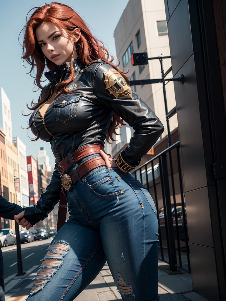 The character is a strong and athletic woman, with a stylized body that stands out for its well-defined curves. Her build is slim but muscular, which reflects strength and agility. She has an hourglass-shaped figure, with a narrow waist and wide hips, which are accentuated by the tight jeans she wears. Her butt is noticeably rounded and firm, which is further highlighted by the tight fit of the jeans.

The character's face is sharp and attractive, with a determined and confident expression. His eyes are penetrating, projecting a mix of determination and confidence. Long, wavy red hair cascades down her shoulders, framing her face, while her full lips and strong jaw accentuate her imposing character.

As for clothing, she wears a superheroine outfit that includes a fitted black and yellow jacket, with details reminiscent of light armor. The jacket follows the lines of her torso, highlighting her bust and waist. Dark denim skinny jeans cling to her figure, providing both a casual and functional style. The pockets and texture of the denim jeans complement her outfit, giving it a contemporary air in the midst of an action-packed backdrop. Besides, the wide red belt adds a distinctive touch to the ensemble, contrasting with the dark colors of the rest of the outfit. Her pose is squatting with his legs spread and his face seems excited with his tongue sticking out and his body is sweaty.