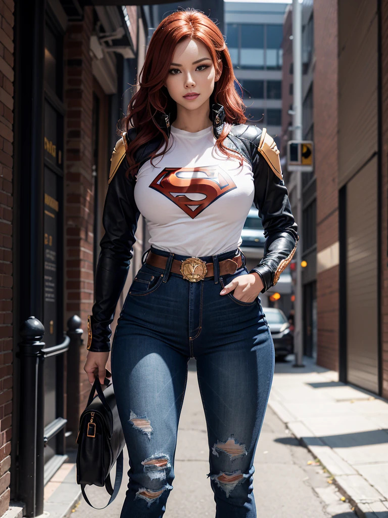 The character is a strong and athletic woman, with a stylized body that stands out for its well-defined curves. Her build is slim but muscular, which reflects strength and agility. She has an hourglass-shaped figure, with a narrow waist and wide hips, which are accentuated by the tight jeans she wears. Her butt is noticeably rounded and firm, which is further highlighted by the tight fit of the jeans.

The character's face is sharp and attractive, with a determined and confident expression. His eyes are penetrating, projecting a mix of determination and confidence. Long, wavy red hair cascades down her shoulders, framing her face, while her full lips and strong jaw accentuate her imposing character.

As for clothing, she wears a superheroine outfit that includes a fitted black and yellow jacket, with details reminiscent of light armor. The jacket follows the lines of her torso, highlighting her bust and waist. Dark denim skinny jeans cling to her figure, providing both a casual and functional style. The pockets and texture of the denim jeans complement her outfit, giving it a contemporary air in the midst of an action-packed backdrop. Besides, the wide red belt adds a distinctive touch to the ensemble, contrasting with the dark colors of the rest of the outfit. Her pose is squatting with his legs spread and his face seems excited with his tongue sticking out and his body is sweaty.