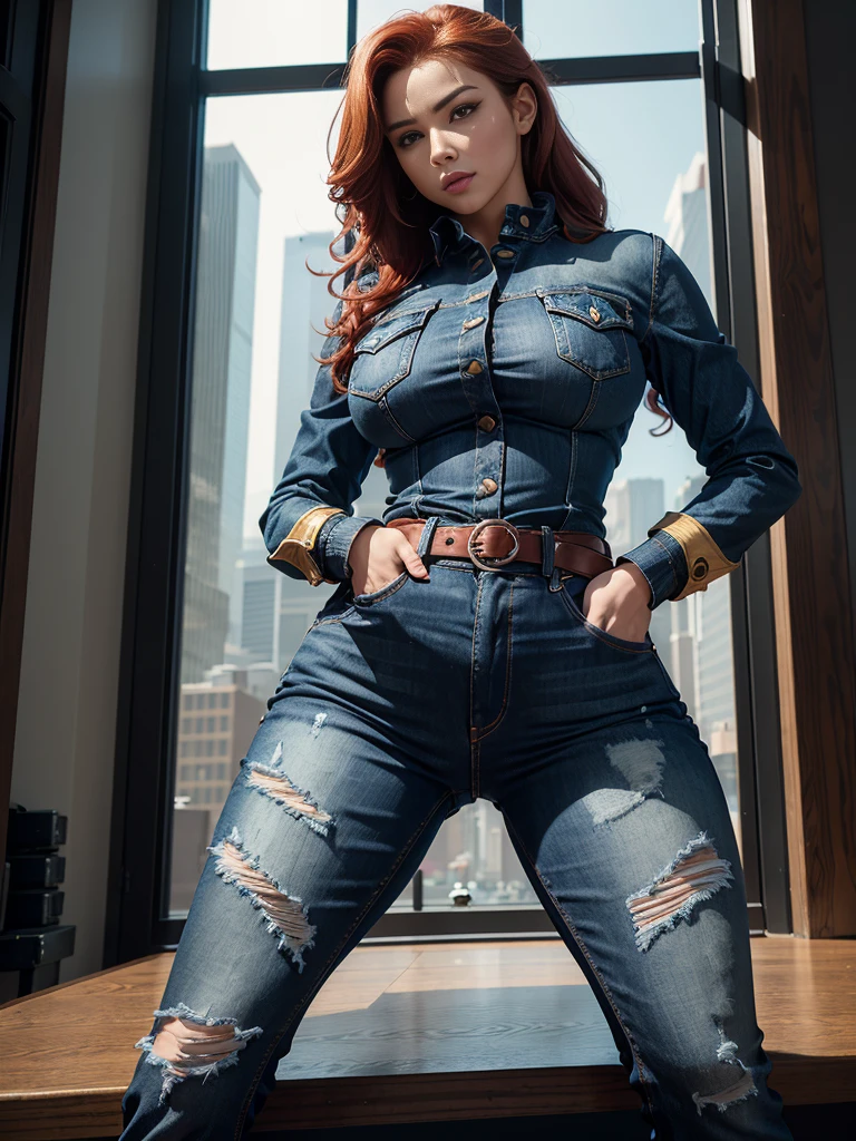 The character is a strong and athletic woman, with a stylized body that stands out for its well-defined curves. Her build is slim but muscular, which reflects strength and agility. She has an hourglass-shaped figure, with a narrow waist and wide hips, which are accentuated by the tight jeans she wears. Her butt is noticeably rounded and firm, which is further highlighted by the tight fit of the jeans.

The character's face is sharp and attractive, with a determined and confident expression. His eyes are penetrating, projecting a mix of determination and confidence. Long, wavy red hair cascades down her shoulders, framing her face, while her full lips and strong jaw accentuate her imposing character.

As for clothing, she wears a superheroine outfit that includes a fitted black and yellow jacket, with details reminiscent of light armor. The jacket follows the lines of her torso, highlighting her bust and waist. Dark denim skinny jeans cling to her figure, providing both a casual and functional style. The pockets and texture of the denim jeans complement her outfit, giving it a contemporary air in the midst of an action-packed backdrop. Besides, the wide red belt adds a distinctive touch to the ensemble, contrasting with the dark colors of the rest of the outfit. Her pose is squatting with his legs spread and his face seems excited with his tongue sticking out and his body is sweaty.