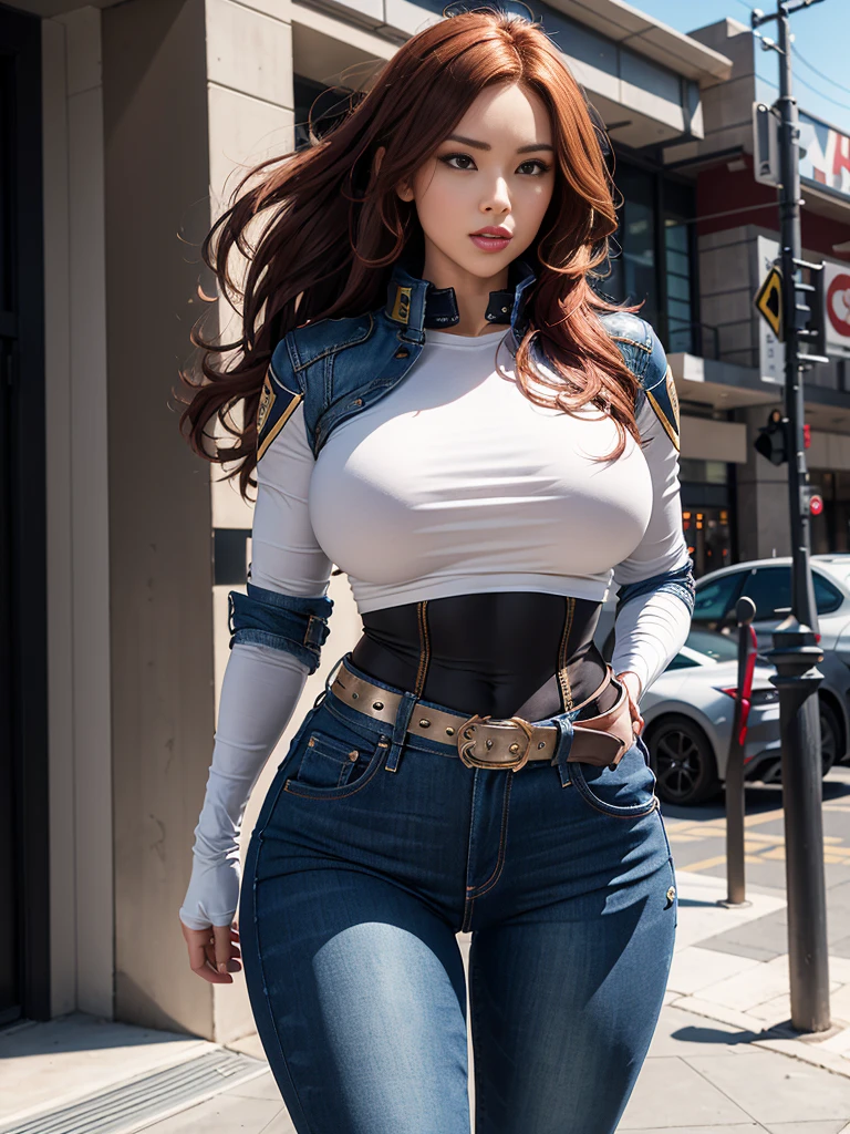 The character is a strong and athletic woman, with a stylized body that stands out for its well-defined curves. Her build is slim but muscular, which reflects strength and agility. She has an hourglass-shaped figure, with a narrow waist and wide hips, which are accentuated by the tight jeans she wears. Her butt is noticeably rounded and firm, which is further highlighted by the tight fit of the jeans.

The character's face is sharp and attractive, with a determined and confident expression. His eyes are penetrating, projecting a mix of determination and confidence. Long, wavy red hair cascades down her shoulders, framing her face, while her full lips and strong jaw accentuate her imposing character.

As for clothing, she wears a superheroine outfit that includes a fitted black and yellow jacket, with details reminiscent of light armor. The jacket follows the lines of her torso, highlighting her bust and waist. Dark denim skinny jeans cling to her figure, providing both a casual and functional style. The pockets and texture of the denim jeans complement her outfit, giving it a contemporary air in the midst of an action-packed backdrop. Besides, the wide red belt adds a distinctive touch to the ensemble, contrasting with the dark colors of the rest of the outfit. Her pose is squatting with his legs spread and his face seems excited with his tongue sticking out and his body is sweaty.