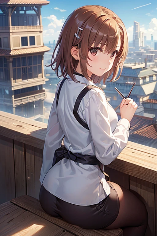 misaka mikoto、 shiny hair,  short hair, ( beautiful brown eyes、)、smile、 super detailed eyes、((hair clip)), highly detailed faces being avenged,  highly detailed eyes ,cowboy shot,、( One Girl )、 ,Master Piece,  top quality ,  high res, masterpiece , 



  1 girl,  young girl,  petite girl, SF, SF,  outdoor,   knight ,  starry sky , greenhouse, huge structure, , wind景, scenery,  horizon , rooftop, sitting on rooftop, wind,  looks away, air light,  Just Focus , close, From the side,  written border depth, Bokeh,  taken from behind, My clothes are tight、The body shape is clearly visible, ((Draw your fingers carefully :1.5))