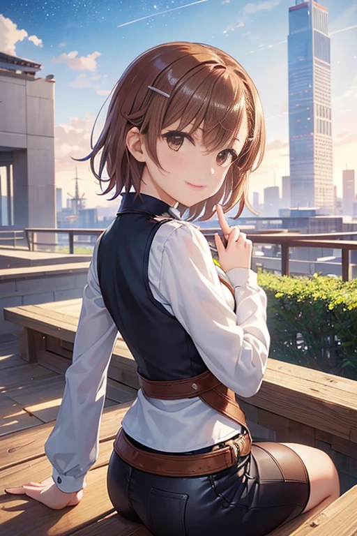 misaka mikoto、 shiny hair,  short hair, ( beautiful brown eyes、)、smile、 super detailed eyes、((hair clip)), highly detailed faces being avenged,  highly detailed eyes ,cowboy shot,、( One Girl )、 ,Master Piece,  top quality ,  high res, masterpiece , 



  1 girl,  young girl,  petite girl, SF, SF,  outdoor,   knight ,  starry sky , greenhouse, huge structure, , wind景, scenery,  horizon , rooftop, sitting on rooftop, wind,  looks away, air light,  Just Focus , close, From the side,  written border depth, Bokeh,  taken from behind, My clothes are tight、The body shape is clearly visible, ((Draw your fingers carefully :1.5))