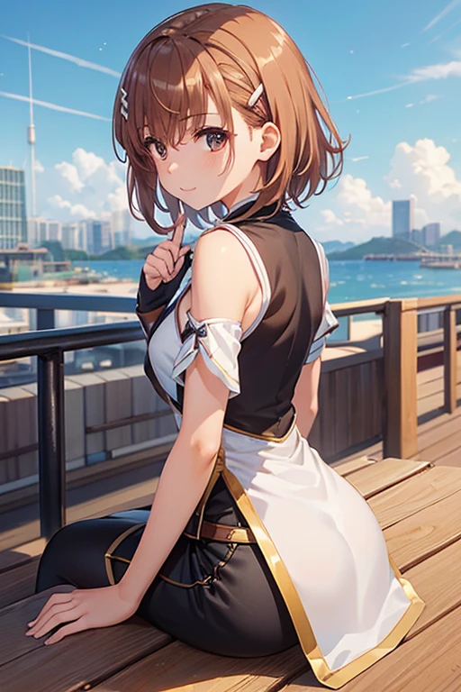 misaka mikoto、 shiny hair,  short hair, ( beautiful brown eyes、)、smile、 super detailed eyes、((hair clip)), highly detailed faces being avenged,  highly detailed eyes ,cowboy shot,、( One Girl )、 ,Master Piece,  top quality ,  high res, masterpiece , 



  1 girl,  young girl,  petite girl, SF, SF,  outdoor,   knight ,  starry sky , greenhouse, huge structure, , wind景, scenery,  horizon , rooftop, sitting on rooftop, wind,  looks away, air light,  Just Focus , close, From the side,  written border depth, Bokeh,  taken from behind, My clothes are tight、The body shape is clearly visible, ((Draw your fingers carefully :1.5))