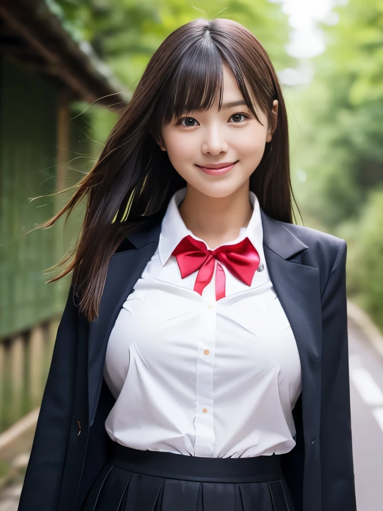 (The female has light grey eyes:1.5)、(Close-up portrait of a slender large-breasted woman、Wearing a black blazer uniform with a red trimmed collar and a black skirt、I have long gray hair with flowing bangs.。:1.5)、(A woman walking along a Japanese country road with a small smile:1.5)、(A woman in a uniform with a black blazer and red-rimmed collar:1.5)、(Blurred Background:1.5)、(Perfect Anatomy:1.5)、Photorealistic、Raw photo、highest quality、High resolution、Delicate and beautiful、Perfect Face、Beautiful fine details、Fair skin、Real human skin、((Thin legs))、((Huge breasts:1.5))、((Young face 1.5))、((Small woman:1.4))、A smile showing beautiful teeth、(The whole body is shown:1.4)