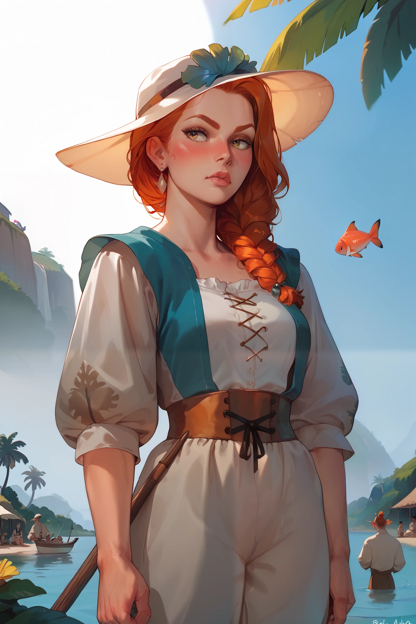 fish people with tattered clothes. suspicious . medieval fishing village . warm tropical island .