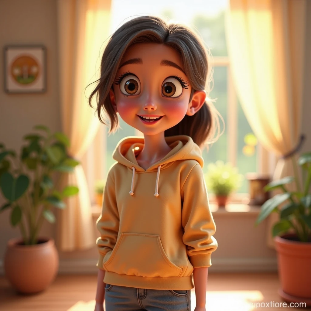 A cheerful young cartoon girl, Zainab, with big expressive eyes, wearing a yellow hoodie, walking through a magical world with glowing clocks on walls and floating hourglasses in the air. The glowing bird guides her as she looks amazed at the vibrant, mystical realm around her."