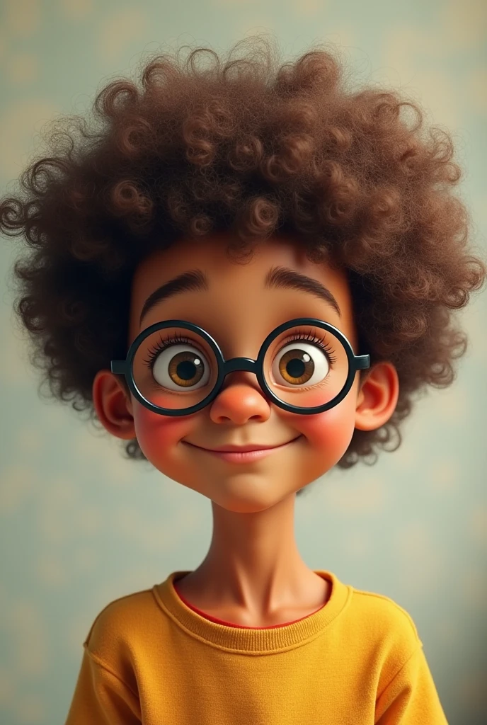 A boy with brown afro hair and round specs.