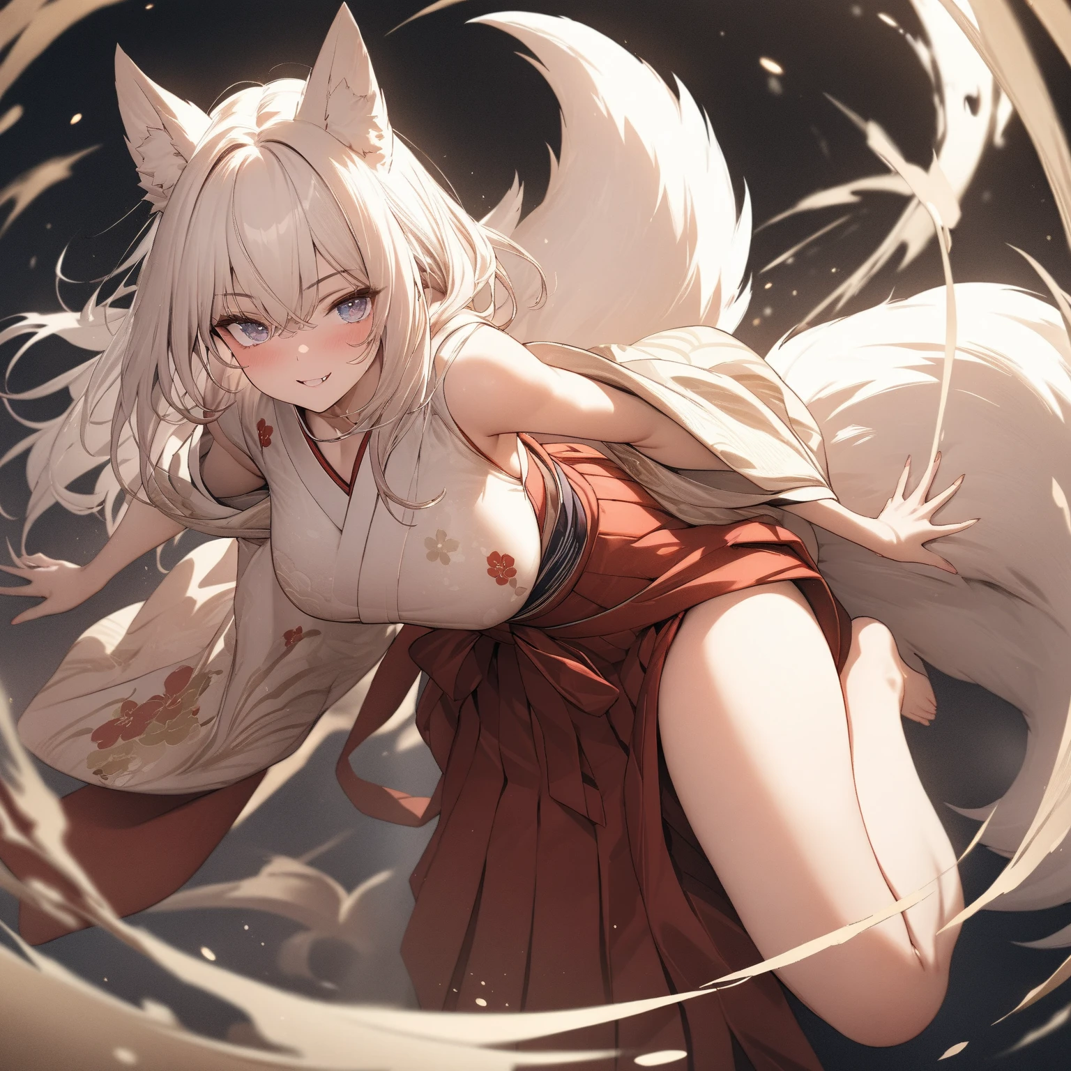 (top quality, best quality, Lemoco, High-quality illustrations, masterpiece, perfect artwork, cinematic light and shading, 16k, 1080p, uploaded on e621)(kemono, furry, anthro, alone), 1 female, (very detailed body, face, tail, arms, hands, legs, head and eyes), arctic fox, Yukime, (The Eminence in Shadow), hunter body, huge breasts, white fur, fluffy, fluffy nine tails, hair, perfect eyes, blue eyes, black pupils, beautiful nightgown, beautiful shrine garden, body movement, body twitching, beautiful pregnant, spread legs, legs up in the air, paws, paws pads, red blushing, shy, protective behavior