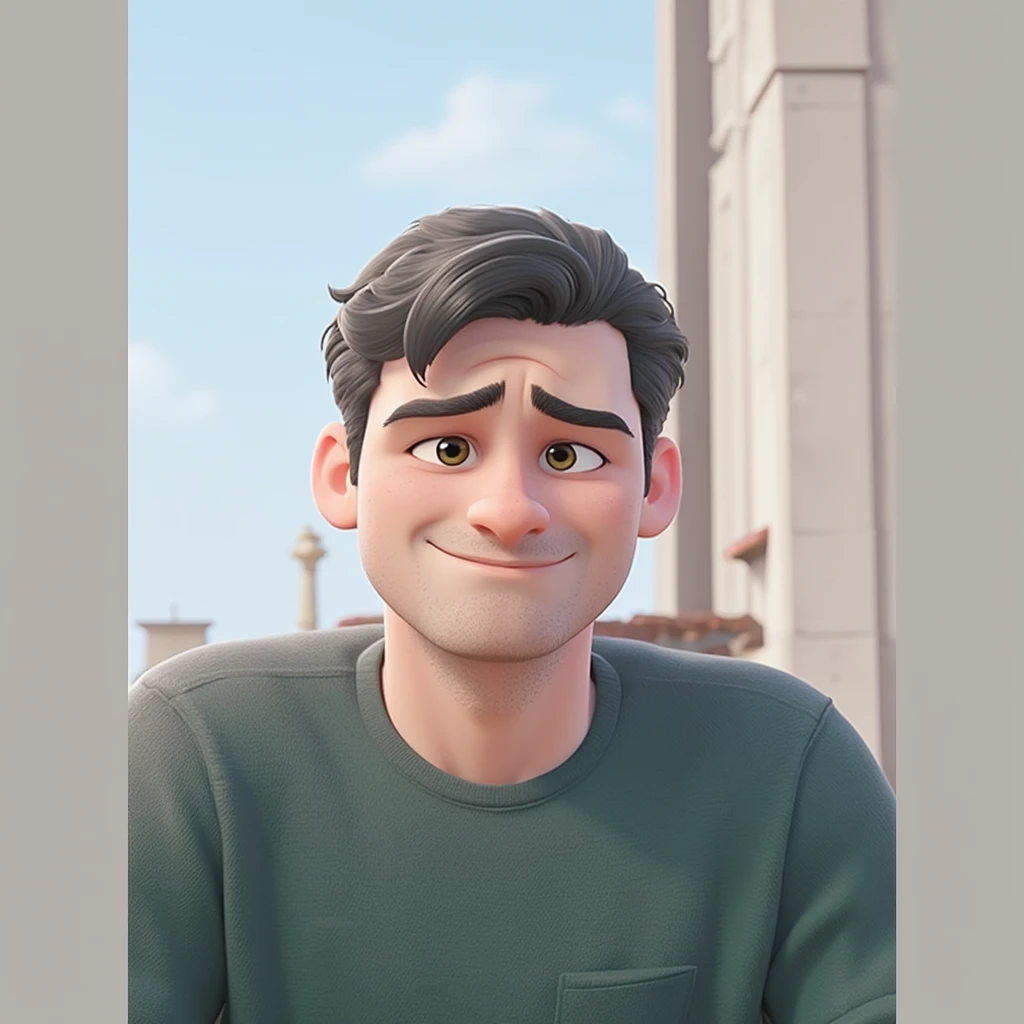 male, 3d animation style, disney pixar charachters, half body, black shirt, black hair, faint smile, 