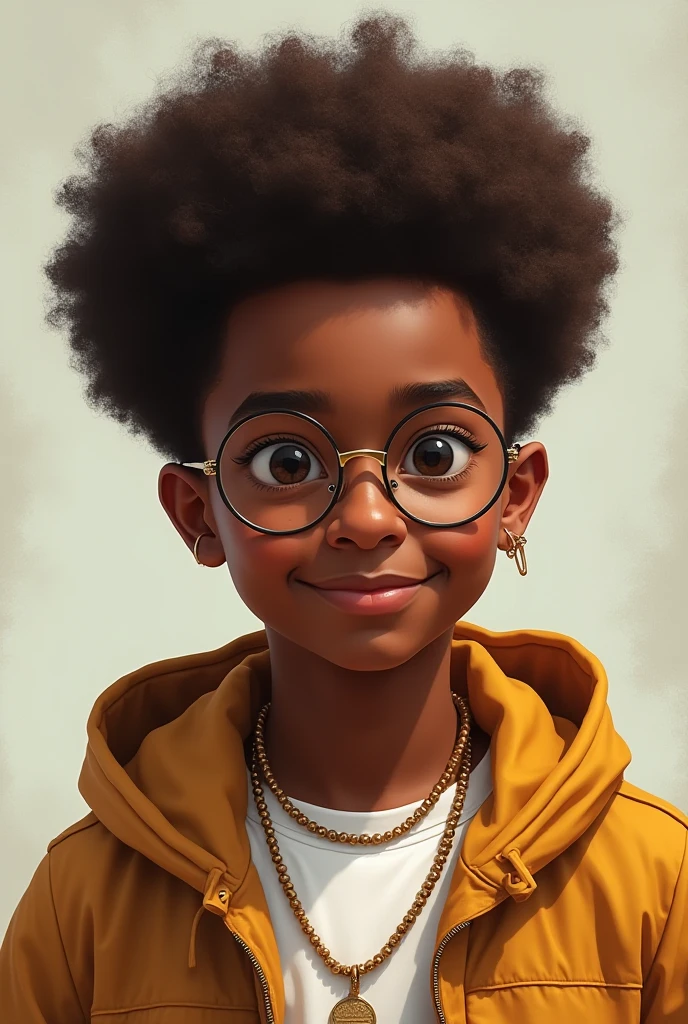 A boy with brown afro hair and round specs. Brown skin, african jawline, rapper style.