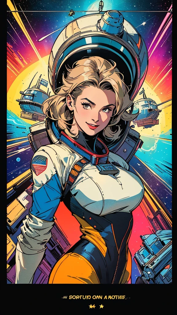 (((highest quality))),masterpiece,1 woman,((the perfect person)),((Super beautiful woman)),detailed perfect face,retro,vintage,classic,60's,70's,80's,old movie posters,abstract,((スペーススリラーmovie poster)),(Futuristic),Geometric pattern,very delicate,movie poster_white frame,universe,Milky Way,planet,,propaganda,universe飛行士,breast enhancement,simple,(big breasts),(cleavage),