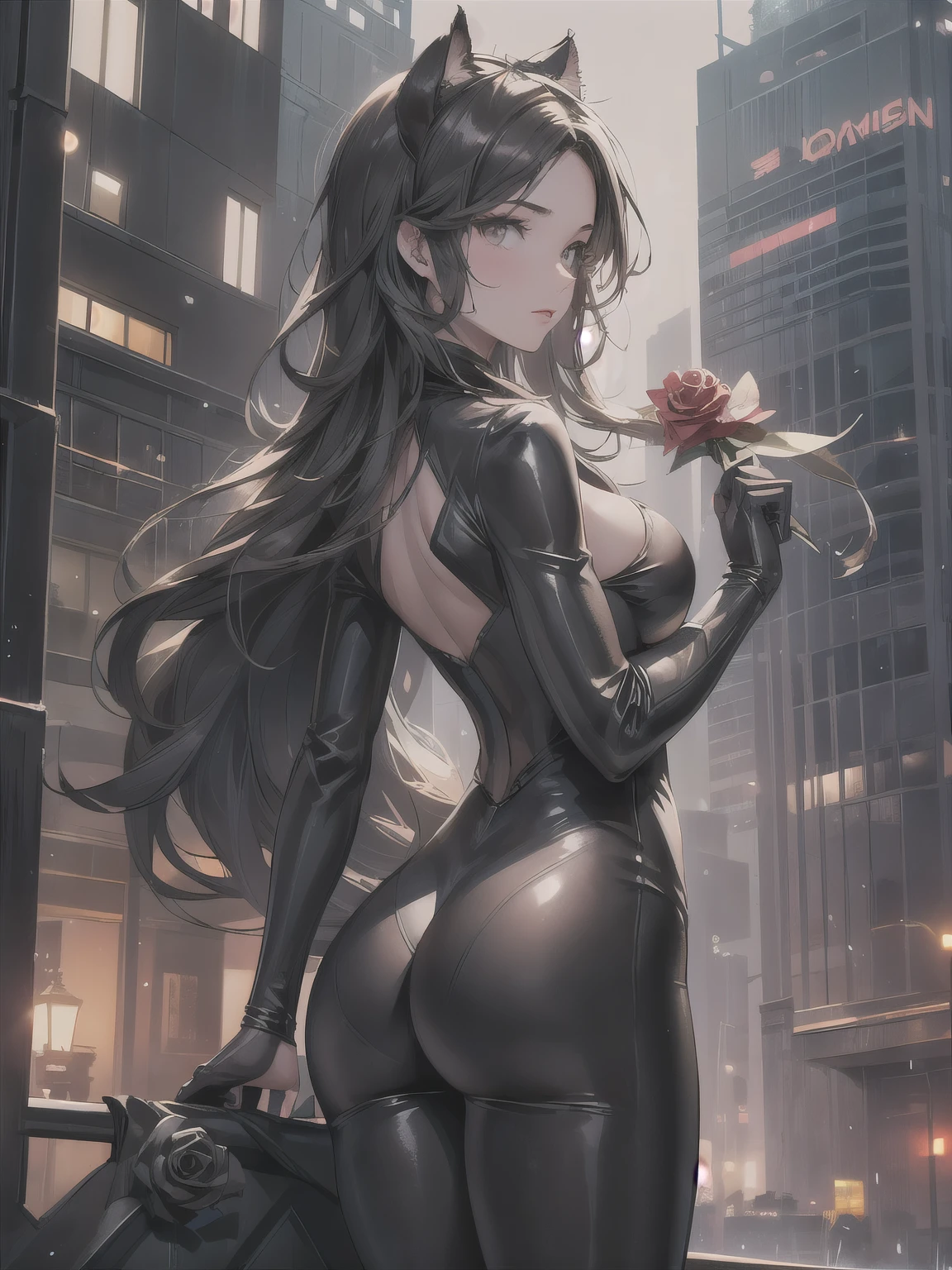 (Wearing a Catwoman suit), rainy night, black long hair, (standing on corner of the top of a skyscraper:1.3), big breasts, big butt, (holding flower'1 rose'),