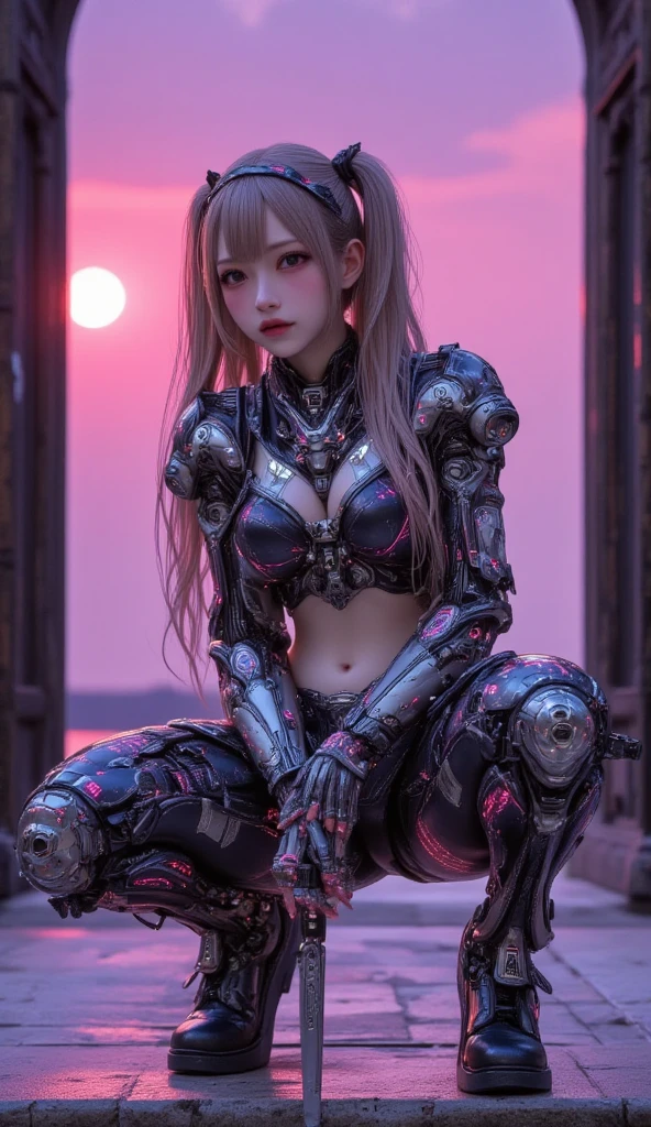 ultra-realistic, photorealistic, dramatic scene, shadow, global-illumination, solo, perfect anatomy, perfect fingers, (teenage Japanese famous idol girl but cyborg), very beautiful with very cute face, detailed face skin texture, (modern maid but futuristic cyborg), intricated complex cyber punk mechanical neon cyber cyborg body, (her cyborg body is fully covered with extremely detailed futuristic mechanical armored suits), absolutely complex futuristic cyborg body, neon markers are integrated in her body, head gear, Sword and shield, (very large breasts), slim waist, She is squatting in front of the antique wooden gate at the old European castle, beautiful sunset, purple with pink