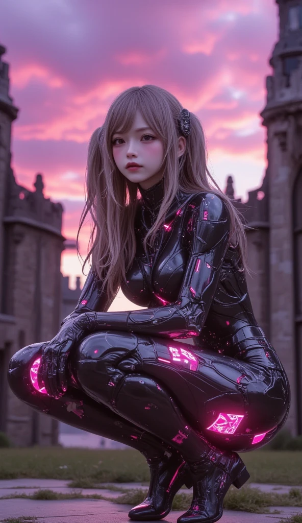 ultra-realistic, photorealistic, dramatic scene, shadow, global-illumination, solo, perfect anatomy, perfect fingers, (teenage Japanese famous idol girl but cyborg), very beautiful with very cute face, detailed face skin texture, (modern maid but futuristic cyborg), intricated complex cyber punk mechanical neon cyber cyborg body, (her cyborg body is fully covered with extremely detailed futuristic mechanical armored suits), absolutely complex futuristic cyborg body, neon markers are integrated in her body, head gear, Sword and shield, (very large breasts), slim waist, She is squatting in front of the antique wooden gate at the old European castle, beautiful sunset, purple with pink