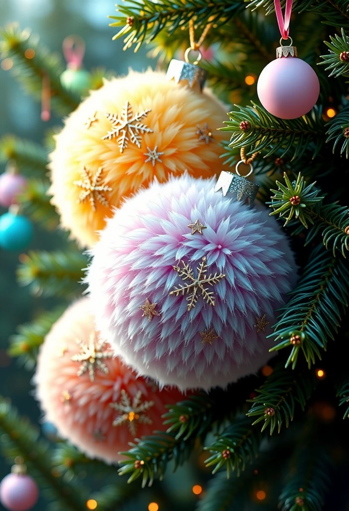 Beautiful balls hang on a fir branch ,  fluffy fur Christmas balls neon fur texture shiny glitter white-yellow-lilac-pink-peach tones 3d glass white-yellow-lilac-lime-peach tones 3d glass white-yellow-lilac-lime-pink-peach shiny glitter balls 3d hyperdetail