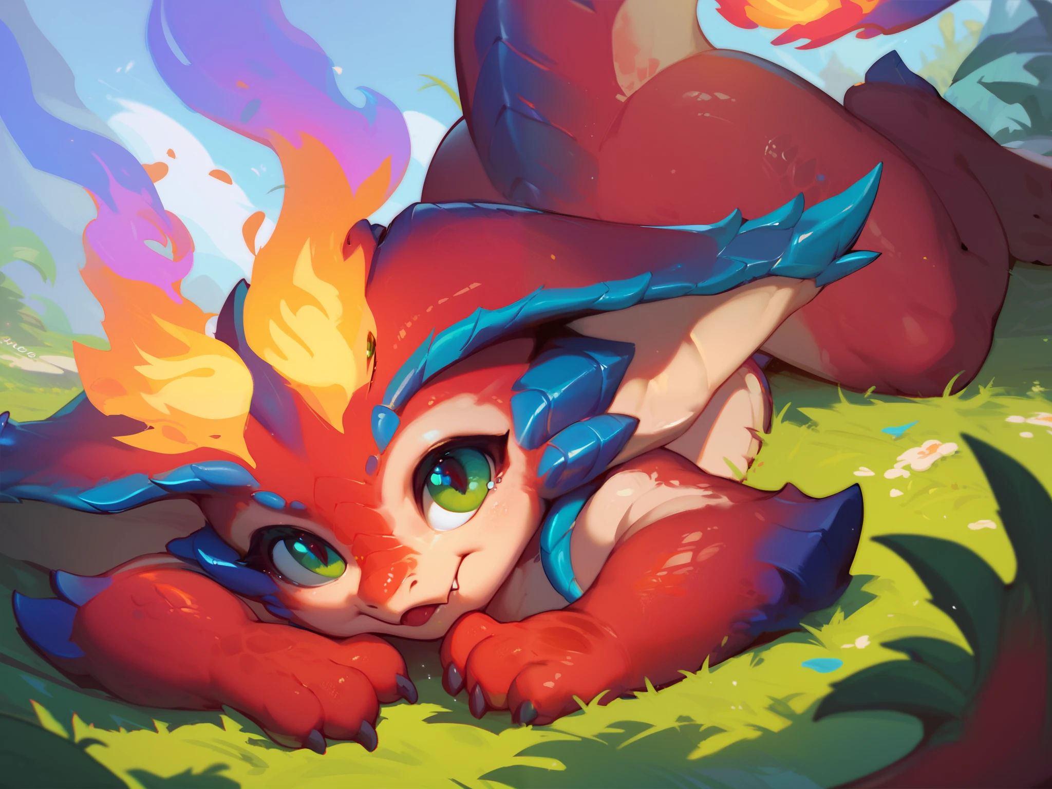  Flame Tail ,  wild, SFW , unique  ,SmoldLOL  , dragon,  red body,Blue embellishments , flame horn ,  beige lower abdomen , Green Eyes ,wing, blue scales ， lying on the ground，Limbs facing up，cute