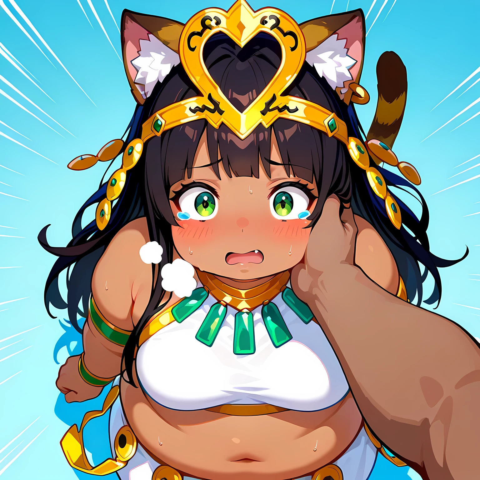 PADbastet,cat tail, cat ears,green eyes, dark skin,black hair,long hair,tiara, anklet,earrings, blush, cross-laced footwear, skirt, armlet, medium breasts,emphasis lines,wide-eyed,open mouth,streaming tears,1girl,solo, masterpiece, best quality, very aesthetic, absurdres,hand  swollen face, fat, chubby, obese, open mouth, out of breath, absurdres, highres icon, rating:General, confused, blush, {flustered}, nervous sweating, portrait, pov hands, hand on another's cheek, averting eyes, [looking away], straight-on, from above,  upper body, masterpiece, best quality, ultra-detailed, high resolution, 8K, 