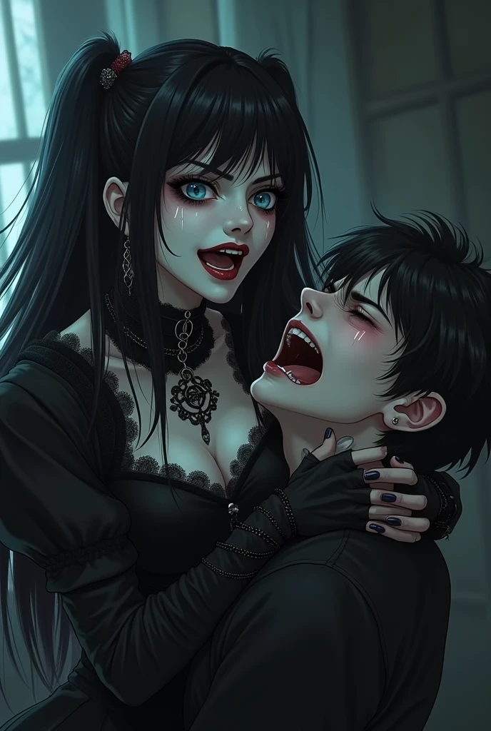 Sexy gothic girl, black lips, dark eyes, black hairs, red ribbon in hair, black nail, blowjob, black horsecock, cumshot, moaning, rape, crying, fellatio, massive breast, open black gothic dress, gothic church background. Masterpiece, UHD, ultra detailed, ultra detailed face