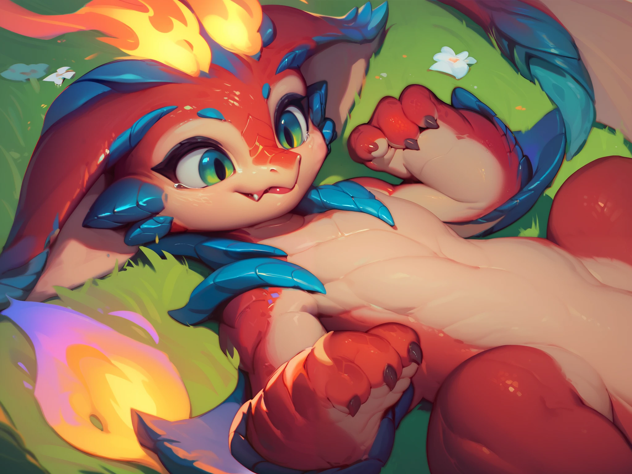  Flame Tail ,  wild, SFW , unique  ,SmoldLOL  , dragon,  red body,Blue embellishments , flame horn , beige lower abdomen , Green Eyes ,wing,Blue scales， lying on the ground，Limbs facing up，cute