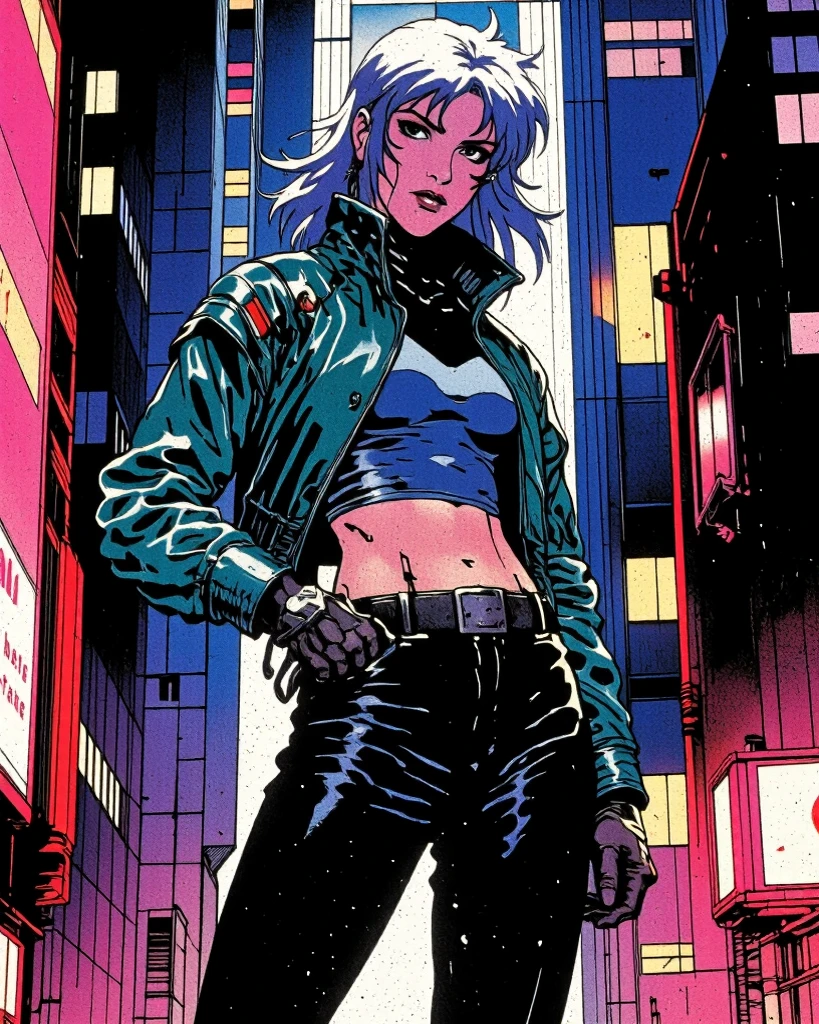 "Dystopian Neon Vigilante": A cinematic shot of a cyberpunk woman with a mix of gleaming chrome and smooth, human skin. She stands heroically in a sprawling urban setting drenched in 80s retro-futuristic neon lights and halftone billboards. Her outfit is edgy, contrasting with the vibrant electric hues of the dystopian skyline.