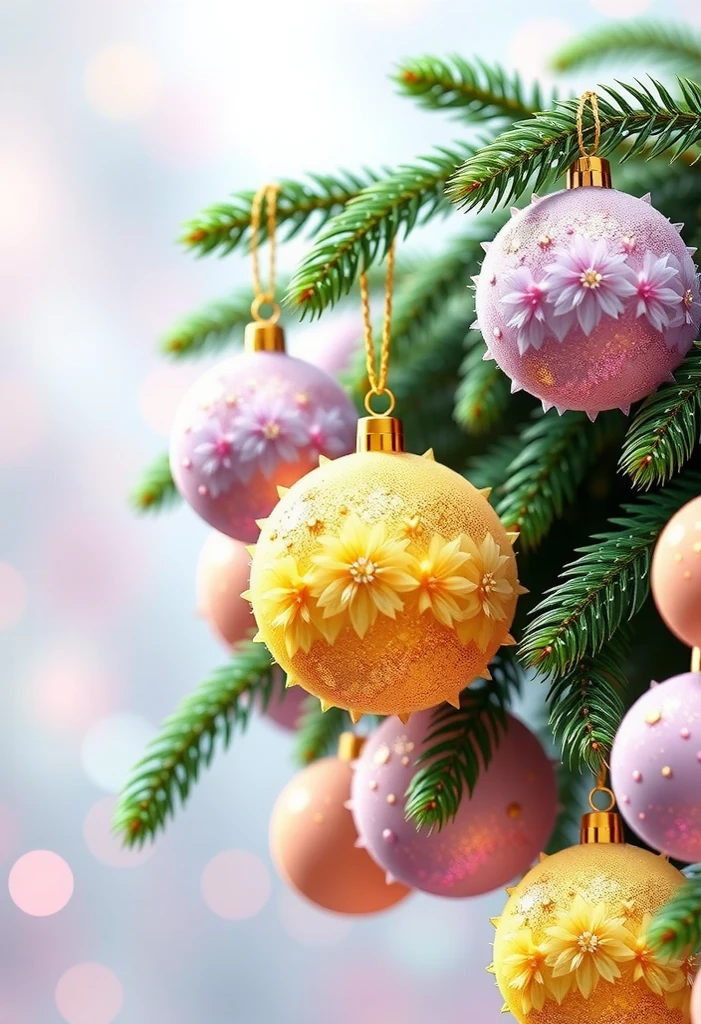 Beautiful balls hang on a fir branch ,  fluffy fur Christmas balls neon fur texture shiny glitter white-yellow-lilac-pink-peach tones 3d glass white-yellow-lilac-lime-peach tones 3d glass white-yellow-lilac-lime-pink-peach shiny glitter balls 3d hyperdetail