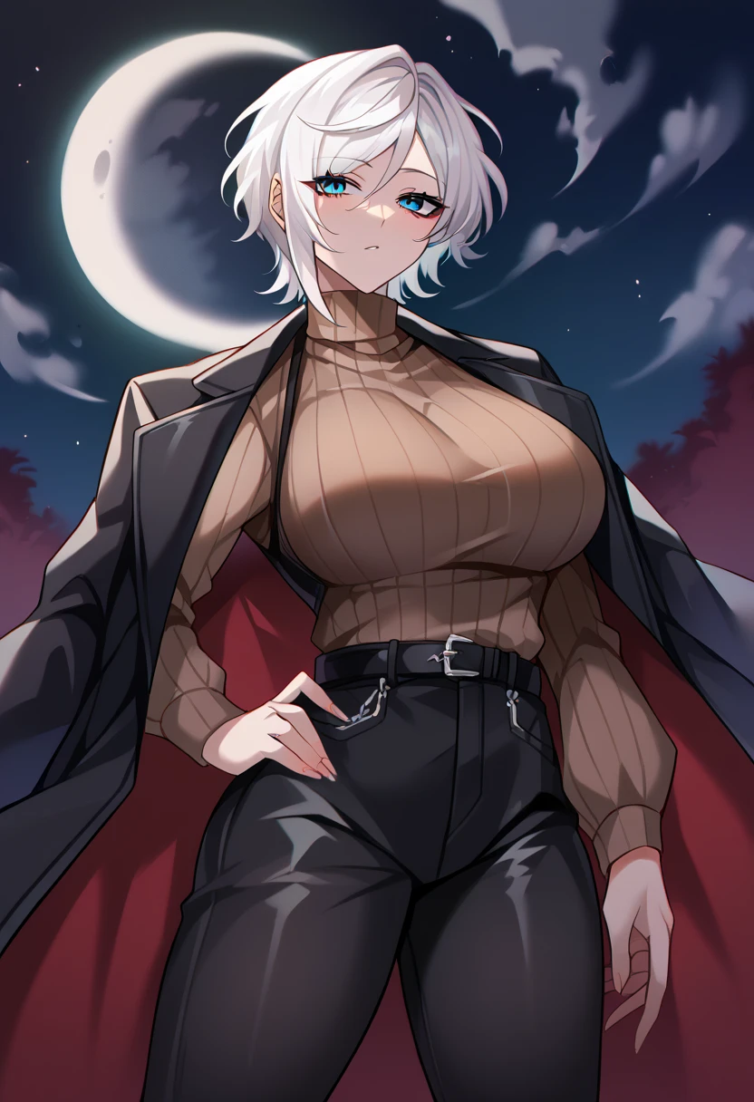  score_9,  score_8_ up,  score_7_ up, source_anime, Alone, looking at viewer,  1 woman ,  cowboy shot, Faust \(project moon\), 1girl, white hair, short hair, blue eyes, black coat, open coat, long sleeves, jacket on shoulders, black vest, brown sweater, ribbed sweater, turtleneck sweater, black belt, black pants,  big breasts,  thick legs