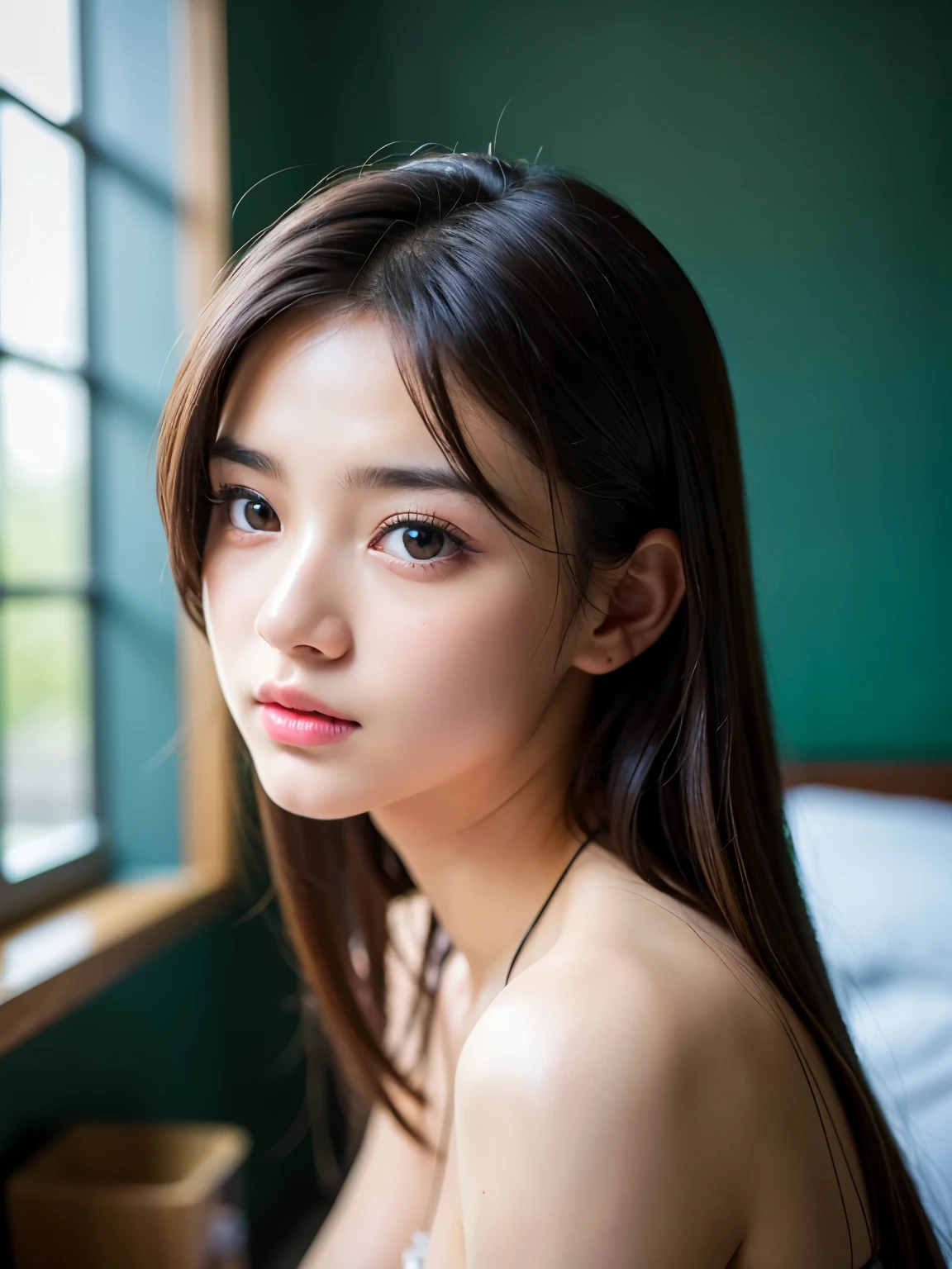film portrait photography, 1girl, bare shoulders, wavy shoulder-length hair, serene, calm, (realistic detailed eyes, natural skin texture, realistic face details), soft dramatic lighting, depth of field, bokeh, vibrant details, finely detailed, hyperrealistic, 35mm film, hazy blur