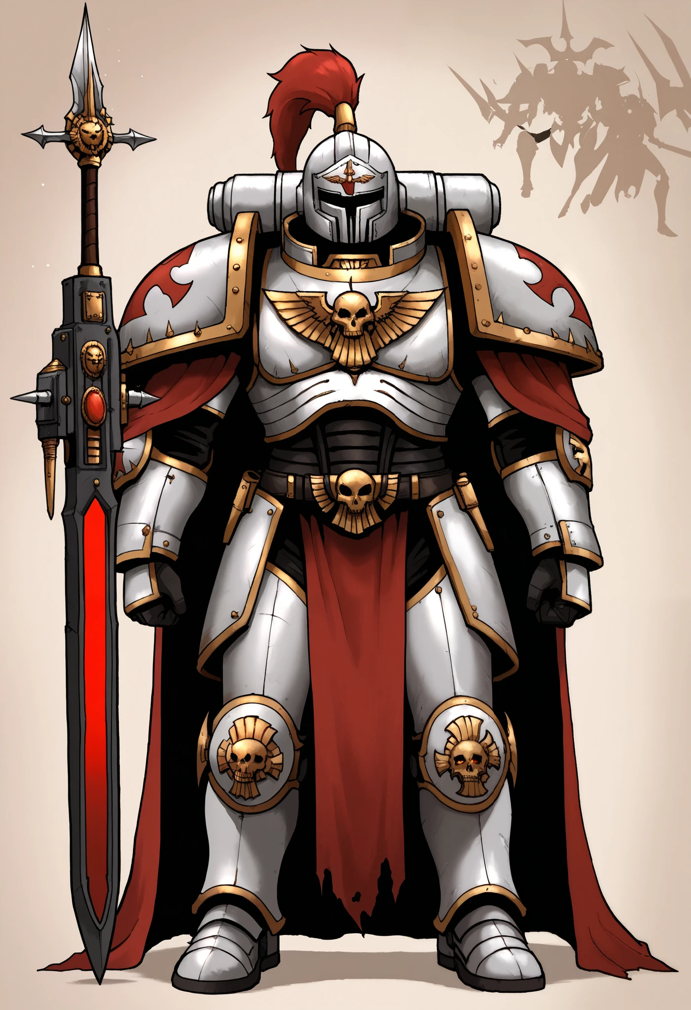 Anime, Concept art, Absurd resolution, high resolution, (masterpiece: 1.4), hyper-detail, warhammer 40k terminator armor, Juggernaut armor, heavy armor, knight, crusader, full body, glowing weapon, cloak, silver armor, edgy, grimdark, octosoup, 1man, bulky, buff, horror theme, adeptus custodes: 1.5, red plume, loin cloth, crusade helmet, reference sheet,