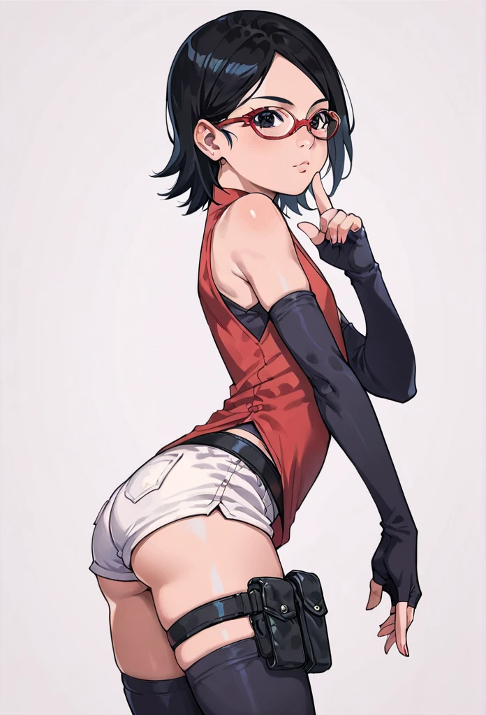 score_9_up, score_8_up, score_7_up, score_6_up, score_5_up, score_4_up, ,zPDXL2, solo, rating_questioablr, perfect face, perfect eyes, BBC_Chan Style, Sarada Uchiha, solo, 1girl, black hair, short hair, red-framed eyewear, glasses, black eyes,red dress, sleeveless, elbow gloves, black gloves, fingerless gloves, white shorts, black thighhighs, thigh holster, flat chest, round butt, side view, confidient pose