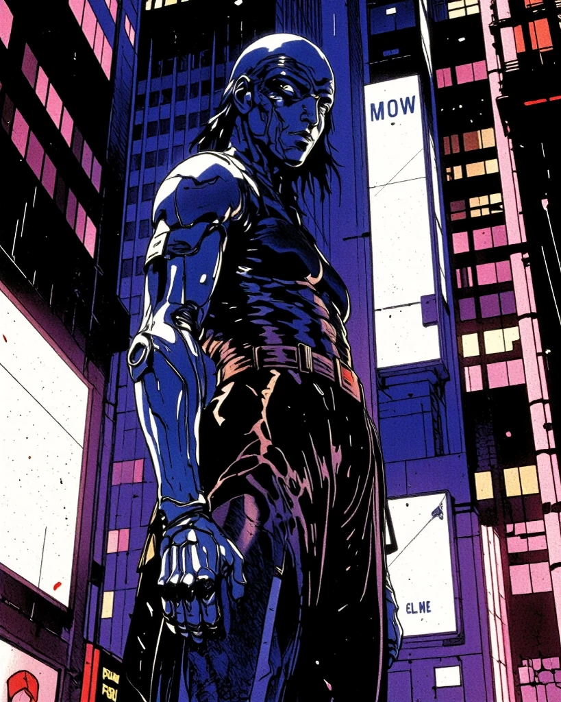 "Rain-Drenched Neon Elegance": A visually stunning portrait of a cyberpunk woman standing in a dystopian city. Her chrome limbs glisten under neon lights, reflecting halftone billboards from the towering skyscrapers. The electric blue and purple hues blend with the rain to create a gritty, cinematic atmosphere.