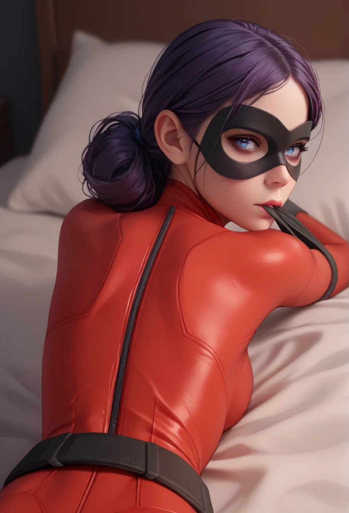  explicit content , score_9, score_8_ up, score_7_ up, score_6_ up, score_5_ up, score_4_ up, rating_i doubt it,  1 girl,  VIOLET PERS ,  mask , Seductive waist,  lying on the bed, perfect mouth,  Anatomically Accurate , from behind,  Red Bodysuit ,  camel toes,  blue eyes
