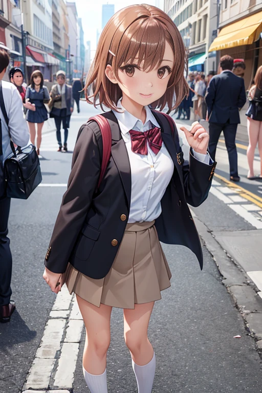 misaka mikoto、 shiny hair,  short hair, (美しい brown eyes、)、smile、 super detailed な目、((hair clip)), highly detailed faces being avenged,  highly detailed eyes ,cowboy shot,、( One Girl )、 ,Master Piece,  top quality ,  high res, masterpiece , 





 top quality , table top in bed, anime style, Perfect Anatomy,Alone, skirt , bag,  outdoor,  jacket,  is standing, socks, shoes,  watching the audience, Brown footwear, ,  check pattern ,  loafers without pants,  blazer,   brown hair on one woman,  check pattern  skirt , 黒いshoes下,  Long Sleeve , Bans,  take off clothes , オープン jacket, bow,  brown eyes, プリーツ skirt , A bow tie, , Hair length,  full body Ezbian , Bush, 赤いbow, Knee Height,  shirt, Shut up,  sleeves are longer than wrists,  rucksack, 's face, 赤いA bow tie, 黒い jacket, スクールbag, , plant, Brown  skirt ,   put your hand on your cheek , Blurred, From the side,  raise your hand,  Look to the side , 襟付き shirt, ミニ skirt , 白の shirt,  cardigan, Overgrown ,   sweater  , A faint smile,Long Hit, ( low angle), ( top down ),  realistic scale,significant shrinkage :1.5、Photo realistic、 super detailed ,  realistic,  super real ,  realistic rendering, outdoor,On the street where cherry blossoms bloom ,professional photographer