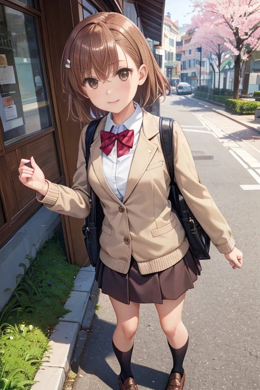 misaka mikoto、 shiny hair,  short hair, (美しい brown eyes、)、smile、 super detailed な目、((hair clip)), highly detailed faces being avenged,  highly detailed eyes ,cowboy shot,、( One Girl )、 ,Master Piece,  top quality ,  high res, masterpiece , 





 top quality , table top in bed, anime style, Perfect Anatomy,Alone, skirt , bag,  outdoor,  jacket,  is standing, socks, shoes,  watching the audience, Brown footwear, ,  check pattern ,  loafers without pants,  blazer,   brown hair on one woman,  check pattern  skirt , 黒いshoes下,  Long Sleeve , Bans,  take off clothes , オープン jacket, bow,  brown eyes, プリーツ skirt , A bow tie, , Hair length,  full body Ezbian , Bush, 赤いbow, Knee Height,  shirt, Shut up,  sleeves are longer than wrists,  rucksack, 's face, 赤いA bow tie, 黒い jacket, スクールbag, , plant, Brown  skirt ,   put your hand on your cheek , Blurred, From the side,  raise your hand,  Look to the side , 襟付き shirt, ミニ skirt , 白の shirt,  cardigan, Overgrown ,   sweater  , A faint smile,Long Hit, ( low angle), ( top down ),  realistic scale,significant shrinkage :1.5、Photo realistic、 super detailed ,  realistic,  super real ,  realistic rendering, outdoor,On the street where cherry blossoms bloom ,professional photographer