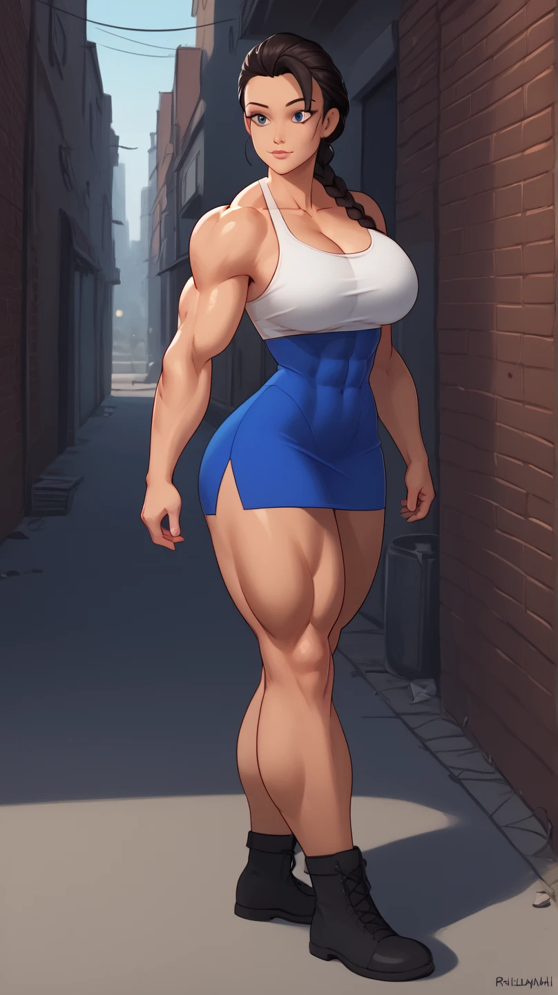 ((late evening)), ((summer evening)), ((muscular woman in a dark alley)), fullbody view, hypermuscular 19 yo ((Azerbaijani)) woman, rich elitist girl, massive bulky (extremely muscular: 1.5), breathtakingly beautiful muscle woman, long thick braid, steel-hard hypermuscular body, haughty arrogant proud, muscular powerful bodybuilder physique, perfect flawless musculature, wearing glamorous minidress, muscular thick arms