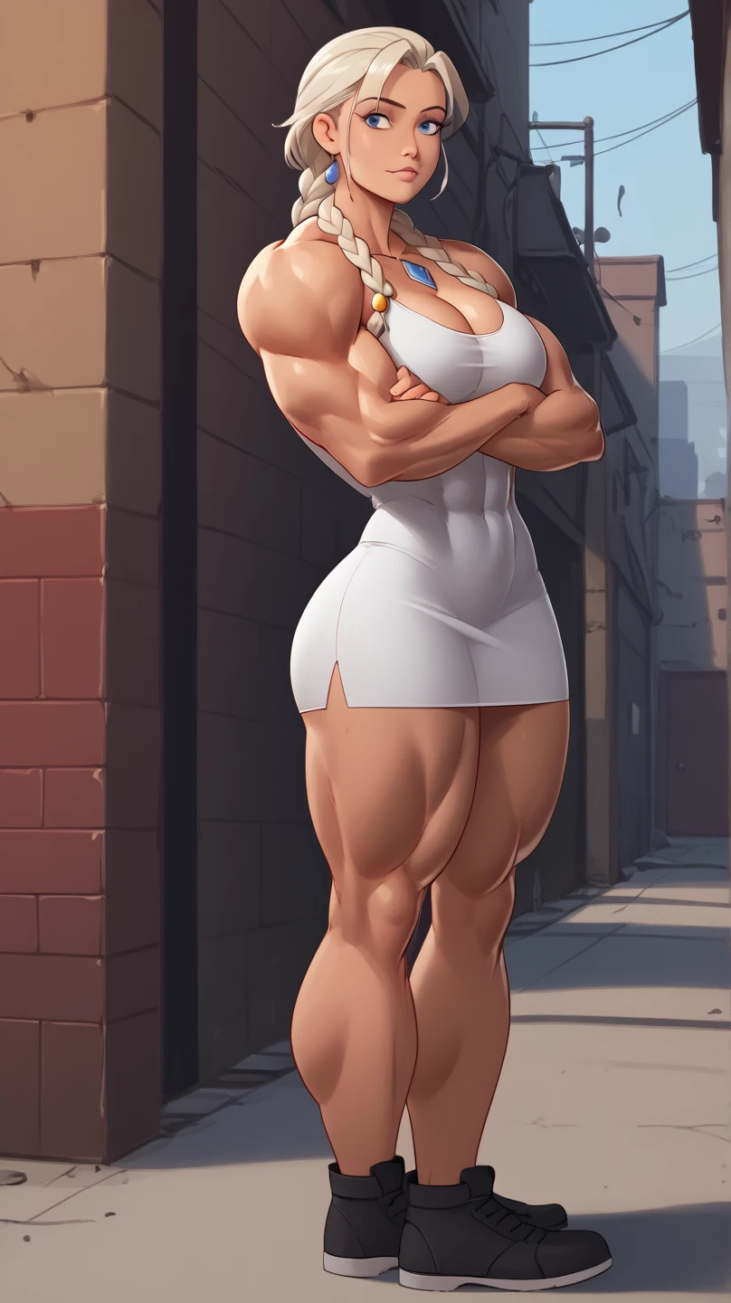 ((late evening)), ((summer evening)), ((muscular woman in a dark alley)), fullbody view, hypermuscular 19 yo ((Azerbaijani)) woman, rich elitist girl, massive bulky (extremely muscular: 1.5), breathtakingly beautiful muscle woman, long thick braid, steel-hard hypermuscular body, haughty arrogant proud, muscular powerful bodybuilder physique, perfect flawless musculature, wearing glamorous minidress, muscular thick arms