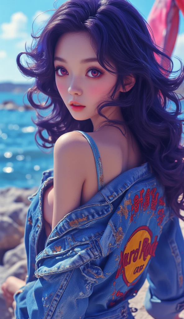  Close-up from waist to head :
 A beautiful young Korean woman .
pink eyes, incandescent, cat eye shape .
 Jeams jacket with an open  "hard rock cafe",  print showing a defined belly .
Coastal view.
 She is looking back making an orgasm face. 
blue hair color, curly, floor-length , fluttering. 
 simple background , bright yellow color .
(anime style 32K, 3d, HDR, UHD, intricate detail, extremely intricate detail, hyperrealistic, extremely realistic, high quality,  vivid color , extremely detailed).