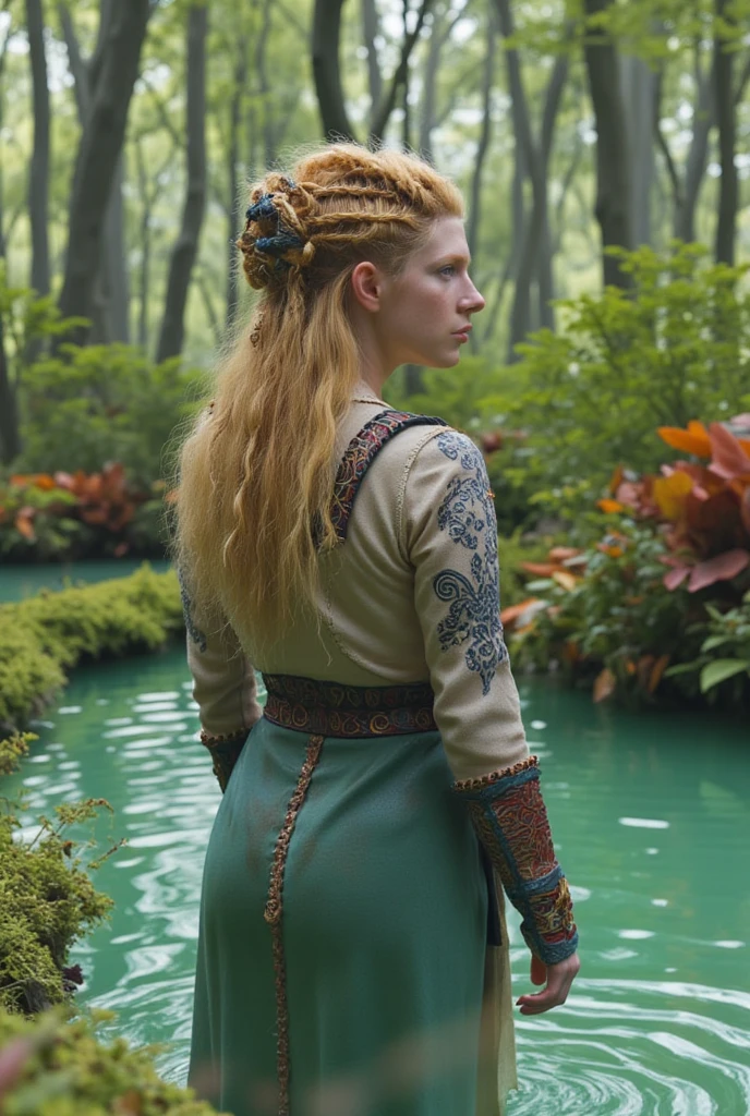 (best quality, 128k, highres, masterpiece:1.2), ultra-detailed, (realistic, photorealistic, photo-realistic:1.37), ((masterpiece)) ((photography)) ((Highest quality)) a mystical forest scene featuring a beautiful, ethereal woman standing in a serene, greenish pond. she has long, flowing blonde hair styled in intricate viking braids with natural elements such as leaves and small feathers woven into it. her body is adorned with tribal viking-inspired tattoos, covering her arms and shoulders, including swirling designs and ancient symbols. her attire consists of delicate, nature-inspired accessories made of feathers, leaves, and leather straps. surrounding her are lush, vibrant plants and colorful flowers, creating a harmonious blend of nature and mysticism. the atmosphere is magical, with soft, dappled sunlight filtering through the dense foliage overhead.