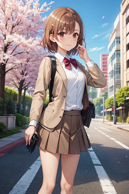 misaka mikoto、 shiny hair,  short hair, (美しい brown eyes、)、smile、 super detailed な目、((hair clip)), highly detailed faces being avenged,  highly detailed eyes ,cowboy shot,、( One Girl )、 ,Master Piece,  top quality ,  high res, masterpiece , 





 top quality , table top in bed, anime style, Perfect Anatomy,Alone, skirt , bag,  outdoor,  jacket,  is standing, socks, shoes,  watching the audience, Brown footwear, ,  check pattern ,  loafers without pants,  blazer,   brown hair on one woman,  check pattern  skirt , 黒いshoes下,  Long Sleeve , Bans,  take off clothes , オープン jacket, bow,  brown eyes, プリーツ skirt , A bow tie, , Hair length,  full body Ezbian , Bush, 赤いbow, Knee Height,  shirt, Shut up,  sleeves are longer than wrists,  rucksack, 's face, 赤いA bow tie, 黒い jacket, スクールbag, , plant, Brown  skirt ,   put your hand on your cheek , Blurred, From the side,  raise your hand,  Look to the side , 襟付き shirt, ミニ skirt , 白の shirt,  cardigan, Overgrown ,   sweater  , A faint smile,Long Hit, ( low angle), ( top down ),  realistic scale,significant shrinkage :1.5、Photo realistic、 super detailed ,  realistic,  super real ,  realistic rendering, outdoor,On the street where cherry blossoms bloom ,professional photographer