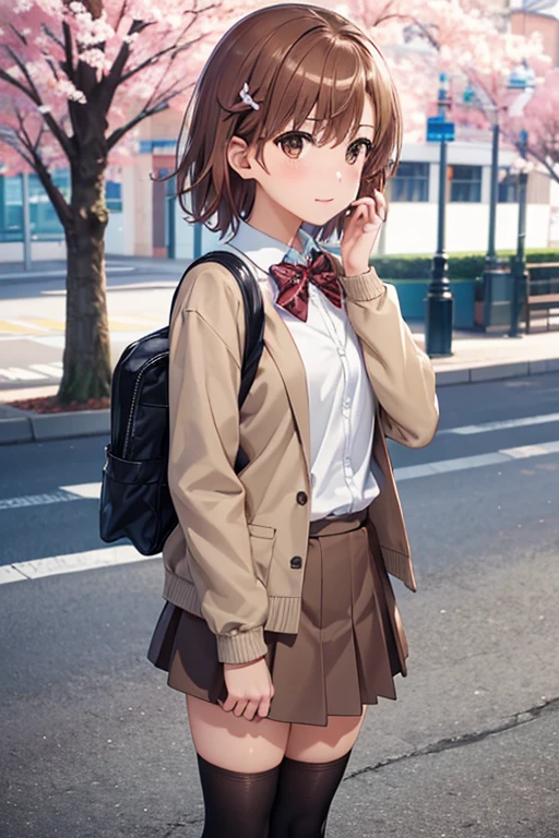 misaka mikoto、 shiny hair,  short hair, (美しい brown eyes、)、smile、 super detailed な目、((hair clip)), highly detailed faces being avenged,  highly detailed eyes ,cowboy shot,、( One Girl )、 ,Master Piece,  top quality ,  high res, masterpiece , 





 top quality , table top in bed, anime style, Perfect Anatomy,Alone, skirt , bag,  outdoor,  jacket,  is standing, socks, shoes,  watching the audience, Brown footwear, ,  check pattern ,  loafers without pants,  blazer,   brown hair on one woman,  check pattern  skirt , 黒いshoes下,  Long Sleeve , Bans,  take off clothes , オープン jacket, bow,  brown eyes, プリーツ skirt , A bow tie, , Hair length,  full body Ezbian , Bush, 赤いbow, Knee Height,  shirt, Shut up,  sleeves are longer than wrists,  rucksack, 's face, 赤いA bow tie, 黒い jacket, スクールbag, , plant, Brown  skirt ,   put your hand on your cheek , Blurred, From the side,  raise your hand,  Look to the side , 襟付き shirt, ミニ skirt , 白の shirt,  cardigan, Overgrown ,   sweater  , A faint smile,Long Hit, ( low angle), ( top down ),  realistic scale,significant shrinkage :1.5、Photo realistic、 super detailed ,  realistic,  super real ,  realistic rendering, outdoor,On the street where cherry blossoms bloom ,professional photographer