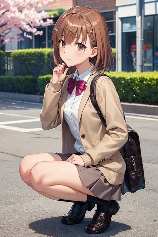 misaka mikoto、 shiny hair,  short hair, (美しい brown eyes、)、smile、 super detailed な目、((hair clip)), highly detailed faces being avenged,  highly detailed eyes ,cowboy shot,、( One Girl )、 ,Master Piece,  top quality ,  high res, masterpiece , 





 top quality , table top in bed, anime style, Perfect Anatomy,Alone, skirt , bag,  outdoor,  jacket,  is standing, socks, shoes,  watching the audience, Brown footwear, ,  check pattern ,  loafers without pants,  blazer,   brown hair on one woman,  check pattern  skirt , 黒いshoes下,  Long Sleeve , Bans,  take off clothes , オープン jacket, bow,  brown eyes, プリーツ skirt , A bow tie, , Hair length,  full body Ezbian , Bush, 赤いbow, Knee Height,  shirt, Shut up,  sleeves are longer than wrists,  rucksack, 's face, 赤いA bow tie, 黒い jacket, スクールbag, , plant, Brown  skirt ,   put your hand on your cheek , Blurred, From the side,  raise your hand,  Look to the side , 襟付き shirt, ミニ skirt , 白の shirt,  cardigan, Overgrown ,   sweater  , A faint smile,Long Hit, ( low angle), ( top down ),  realistic scale,significant shrinkage :1.5、Photo realistic、 super detailed ,  realistic,  super real ,  realistic rendering, outdoor,On the street where cherry blossoms bloom ,professional photographer