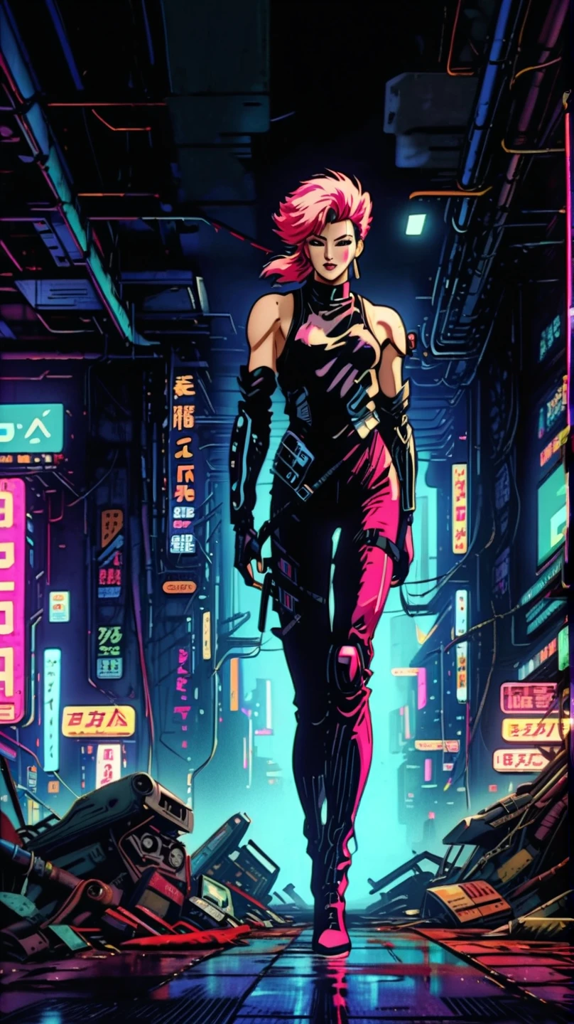 art style of Yoshiaki Kawajiri. "Dystopian Neon Vigilante": A cinematic shot of a cyberpunk woman with a mix of gleaming chrome and smooth, human skin. She stands heroically in a sprawling urban setting drenched in 80s retro-futuristic neon lights and halftone billboards. Her outfit is edgy, contrasting with the vibrant electric hues of the dystopian skyline.