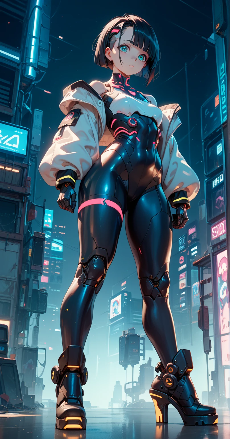 1girl, anime girl, commission for high res, thicc, lit from behind, [ 4 k digital art ]!!, sfw version, detailed fanart, oc commission, character is in her natural pose, anime lush, combine assassin, 1girl, solo, helmet, faceless, gloves, military, science fiction, gas mask, shoulder armor, bulletproof vest, one-eyed, glowing eye, petite, black bodysuit, white armor, large breasts, ass, presenting, wide hips, combine assassin, cyberpunk, city, tower, dystopia, neotokyo, ghost in the shell, blue camo, white vest, skintight, exposed thighs, exposed stomach, exposed hips, sexy tight clothes, full body shot, bike shorts, exposed legs, bare legs, street, neon light, blade runner 2033