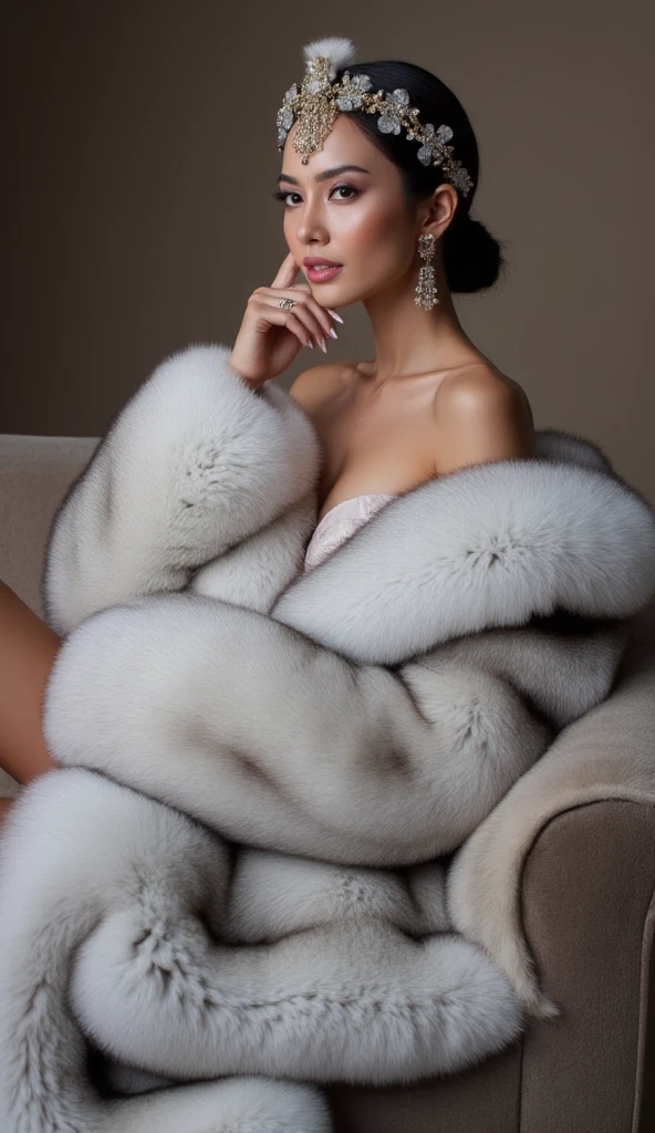 Beautiful indonesian woman, wearin a white bluef0x fur coat, sit on the fur couch, wearing fur tiara, leg wraped with bluef0x fur blanket