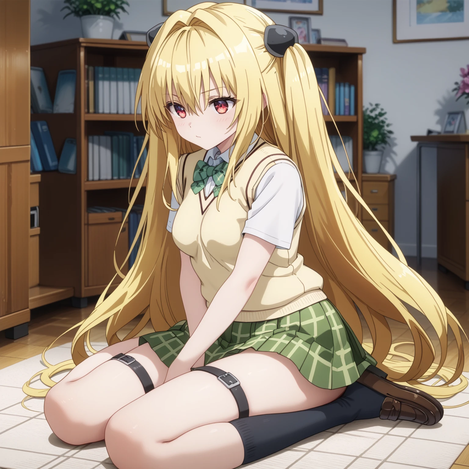 Konjiki no Yami, very long hair,blonde hair,two side up,hair ornament,hair intakes,hair between eyes,bangs,red eyes, school uniform,sweater vest,yellow vest,white shirt,collared shirt,green bowtie,short sleeves,medium breasts,miniskirt,green skirt,plaid skirt,pleated skirt,thigh strap,black socks,loafers, Sit, Room, Displeased face, Beautiful view, good atmosphere