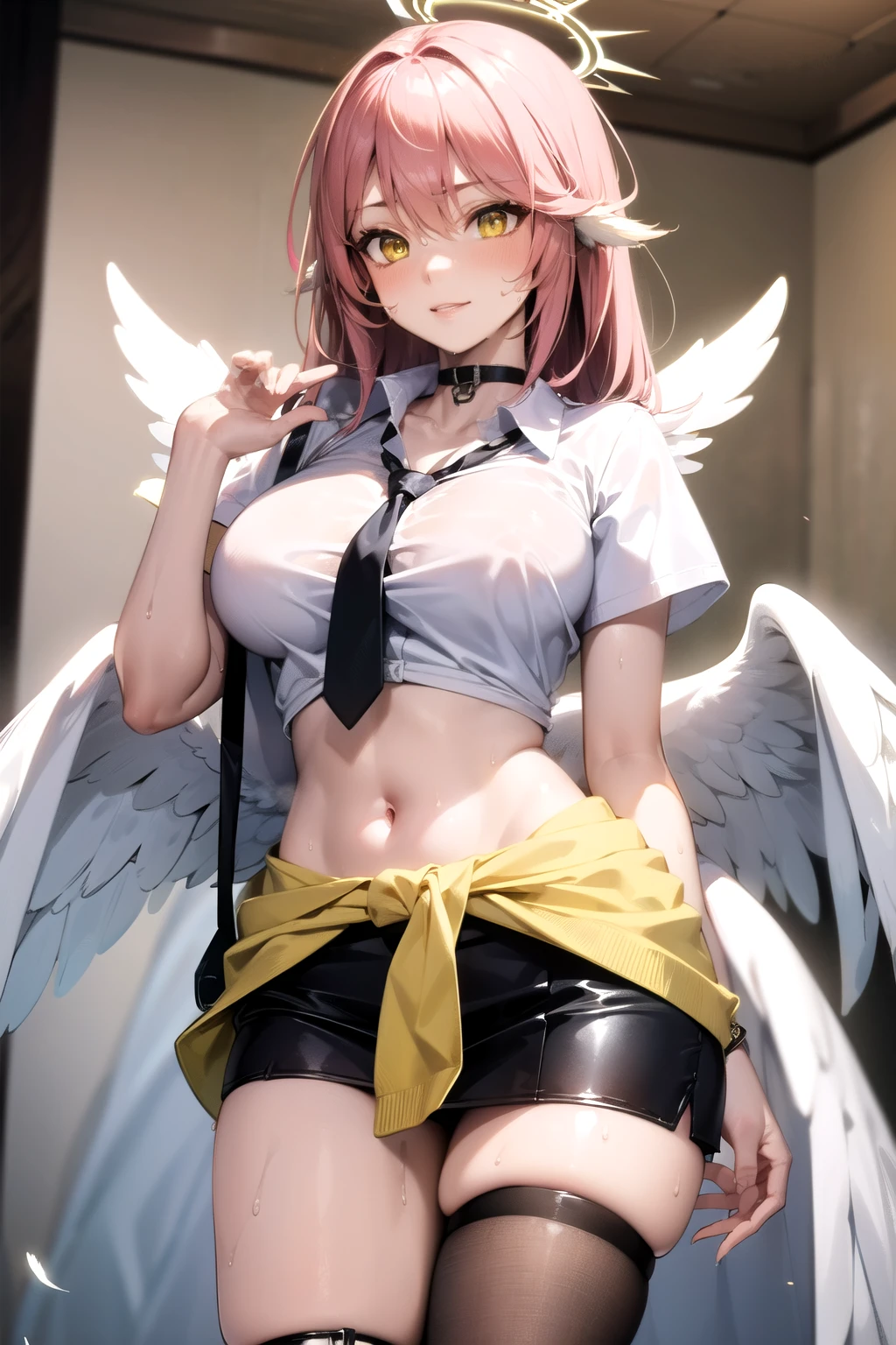 jibril, BREAK jibril, angel, angel wings, collar, animal ears, bird ears, compass rose halo, belly button, feathered wings, feathers, gradient hair, halo, long hair, low wings, multicolored hair, pink hair, symbol-shaped pupils, thigh tattoos, tattooed, big breast, white wings, wing ears, wings, (yellow eyes:1.5), seductive look, seductive smile, Shiny skin, wet, sweaty, sweat, oiled, clothing. Oil, lotion, slime, slimy. Big breast. Sexy, hot, attractive, alluring. 
BREAK thighhighs, fully clothed, beige cardigan, beige sweater, black choker, black necktie, black skirt, cardigan, cardigan around waist, choker, clothes around waist, collared shirt, loose necktie, necktie, official alternate costume, school bag, shirt, shirt tucked in, short sleeves, skirt, sweater, sweater around waist, tied sweater, white shirt, (sweaty:1.3), steam, wet, dripping, hot, sticky, orgasmic face.
BREAK (masterpiece:1.2), best quality, high resolution, unity 8k wallpaper, (illustration:0.8), (beautiful detailed eyes:1.6), extremely detailed face, perfect lighting, extremely detailed CG, (perfect hands, perfect anatomy), narrow eyes.