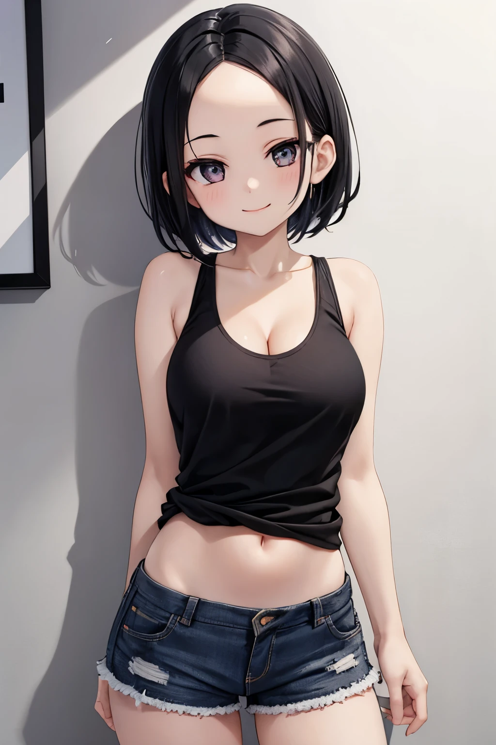 (masterpiece, best quality), 1girl, small breasts, small hips, green eyes, CUTE FACE, BLUSHED CHEEKS, SHY GIRL, BLACK HAIR, BOB CUT HAIR, crop top, denim shorts, bedroom, striped thighhighs, pervert, , glasses.
