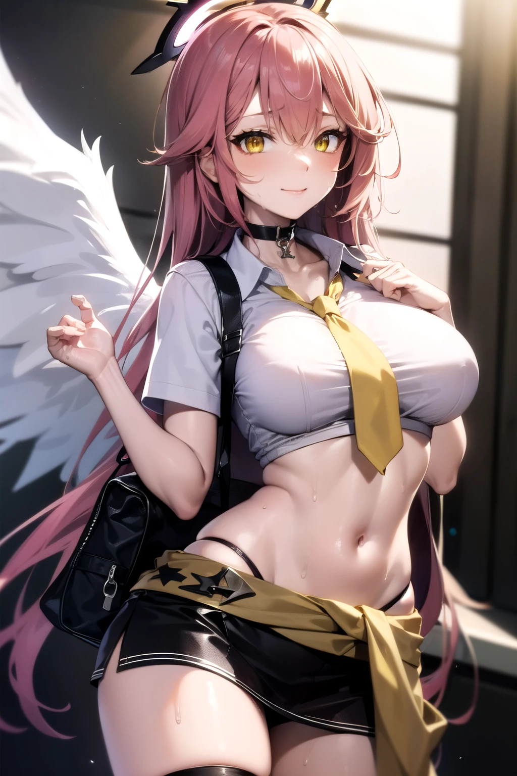 jibril, BREAK jibril, angel, angel wings, collar, animal ears, bird ears, compass rose halo, belly button, feathered wings, feathers, gradient hair, halo, long hair, low wings, multicolored hair, pink hair, symbol-shaped pupils, thigh tattoos, tattooed, big breast, white wings, wing ears, wings, (yellow eyes:1.5), seductive look, seductive smile, Shiny skin, wet, sweaty, sweat, oiled, clothing. Oil, lotion, slime, slimy. Big breast. Sexy, hot, attractive, alluring. 
BREAK thighhighs, fully clothed, beige cardigan, beige sweater, black choker, black necktie, black skirt, cardigan, cardigan around waist, choker, clothes around waist, collared shirt, loose necktie, necktie, official alternate costume, school bag, shirt, shirt tucked in, short sleeves, skirt, sweater, sweater around waist, tied sweater, white shirt, (sweaty:1.3), steam, wet, dripping, hot, sticky, orgasmic face.
BREAK (masterpiece:1.2), best quality, high resolution, unity 8k wallpaper, (illustration:0.8), (beautiful detailed eyes:1.6), extremely detailed face, perfect lighting, extremely detailed CG, (perfect hands, perfect anatomy), narrow eyes.